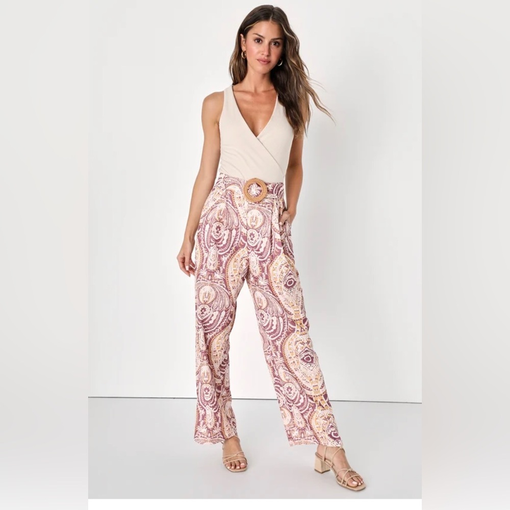 Boho Aesthetic Mauve Multi Paisley Print Wide Leg Pants